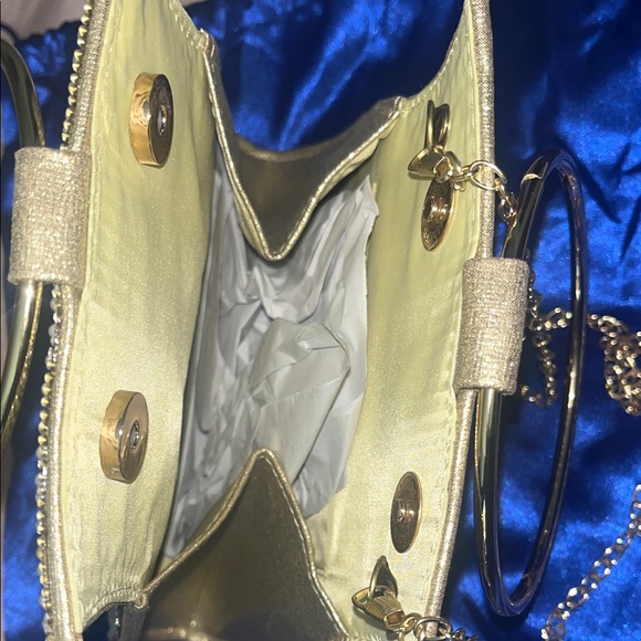 Meghan Rhinestones Handbag Gold Clutch with Gold Ring Handle - Picture 8 of 9